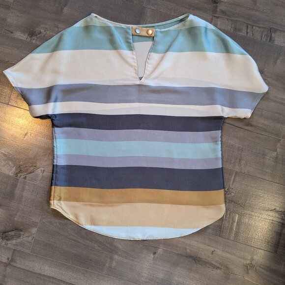 Zara Silky Short Sleeve Blouse with Cream, Gold & Blue Stripes - Picture 4 of 5